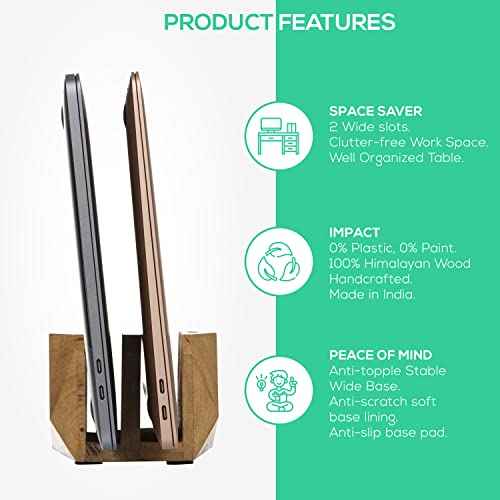 Vertical Laptop Stand for Desk, Laptop Holder to Dock MacBook, MacBook Pro and Other Laptops, Versatile Vertical Laptop Docking Solutions (Indian Mango Wood)