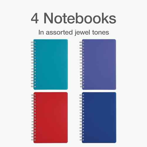 Oxford Poly Spiral Notebooks, Small 5.7" x 8.5" Book, Thick Poly Cover, White Paper, College Rule, 80 Sheets/160 Pages, Jewel Tones, 4 Pack (69720)