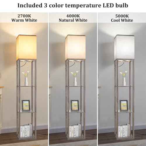 Floor Lamp with Shelves£¬Wood Corner Floor Lamps for living room tables with 3 CCT LED Bulb,Modern Display Bookshelf Nightstand Lamps,Column Standing Lamp for Bedroom Office Home Decor-Rustic Wood