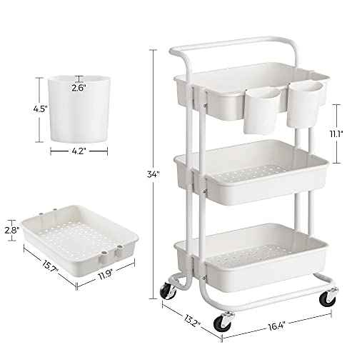 SONGMICS Rolling Cart, 3-Tier Storage Cart, Storage Trolley with Handle 2 Small Organizers, Steel Frame, Plastic Baskets, Utility Cart, Easy Assembly, for Bathroom Laundry Room, White UBSC067W01