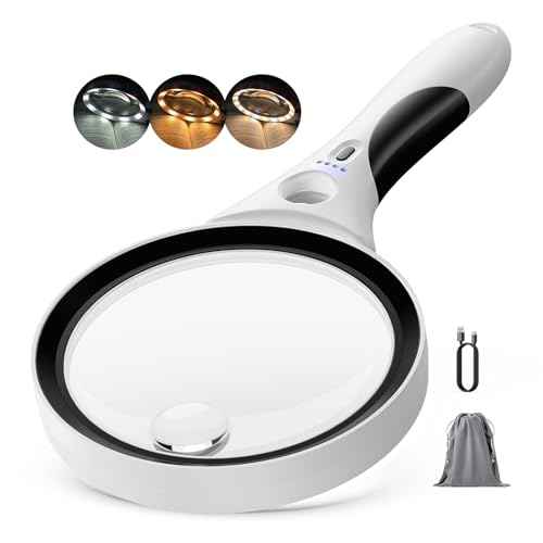 Rechargeable Magnifying Glass with Light - Recant 10X 20X 45X Illuminated Magnifier Handheld Lighted Magnifying Glasses with 18LED Cold & Warm Light 3 Modes for Seniors Reading Close Work