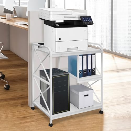 White Printer Stand, Printer Table with Storage Shelf for Home Office, 23 x 18 Inch Large Home Printer Stand with Power Outlet USB Port, Printer Cart, PC Tower Stand, White
