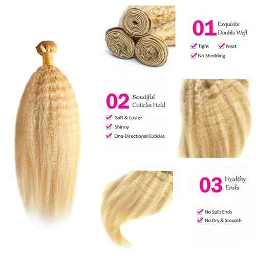 22 24 26 Inch P27/613 Highlight Blonde Bundles Human Hair Yaki Straight Bundles Honey Blonde Kinky Straight Bundle Unprocessed Brazilian Virgin Weave Hair 3 Bundle 50 Gram Per Bundle