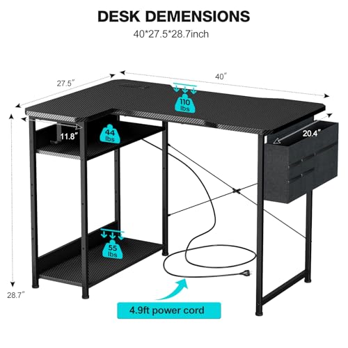Small Gaming Desk with Power Outlets, 40 Inch L Shaped Desks with Reversible Shelves and Storage Bag,Computer Desk Corner Desk PC Desk for Gaming and Home Office Table,Black Carbon