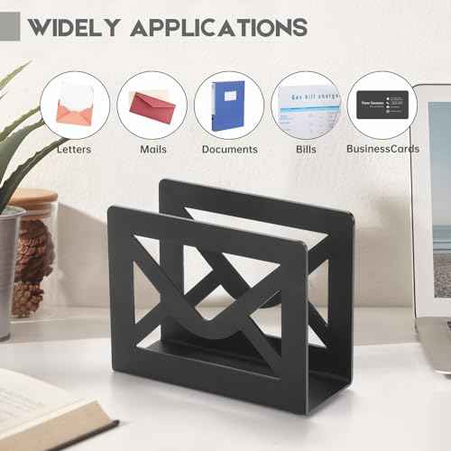 Desktop Metal Mail Holder,Modern Black Letter Organizer for Desk with Cutout Envelope Design,Home and Office Envelope and Document Storage Rack (Black)