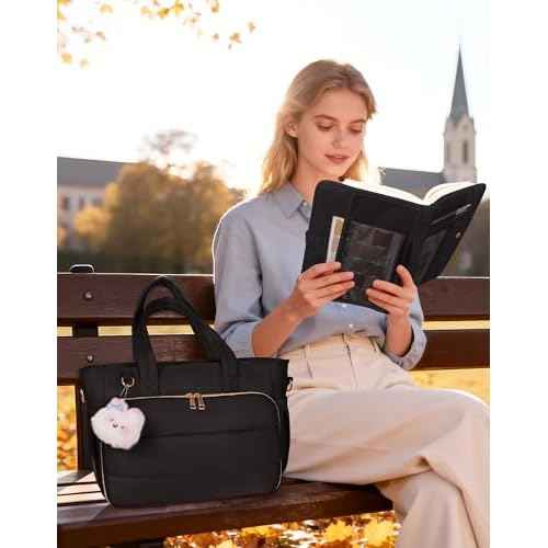 Puffer Tote Bag for Women, Large Quilted Handbag with Laptop Compartments, Work, College, Church & Bible Bag