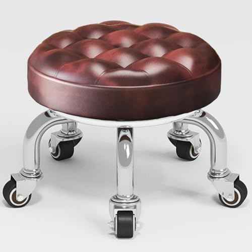 Brown Low Roller Seat 13¡¯¡¯, PU Leather Low Rolling Stool with 5 Rolling Caster Wheels, Low Seat Tool Heavy Duty for Home and Office Use, Modern Comfortable Wheel Stool Chair Low Height, 1Pcs