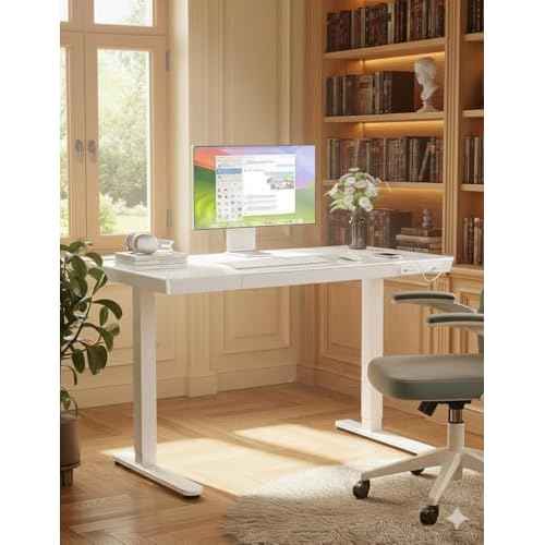 Marsail Glass Standing Desk with Drawer, 48 x 24 inch Electric Standing Desk, Height Adjustable Desk with One-Piece Tabletop & USB Charging Ports, Sit Stand Desk with Storage for Home & Office White