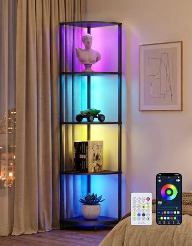 Black Corner Shelf with LED Light, 5-Tier Floor Lamp & Display Rack, 62" Standing Bookcase for Living Room & Bedroom