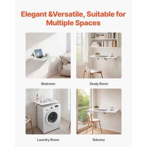 VEVOR Wall Mounted Folding Table, 23.6 x 15.7 inches Wall Mount Table, Floating Desk with Iron Bracket for Small Spaces, Home Office, Dining, Laundry Room, Kitchen, Bar, White