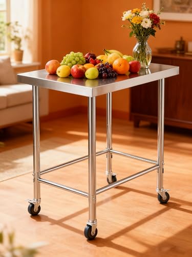 GlowSol 28''W x 18''L Stainless Steel NSF Prep Table with Locking Casters - Open Base