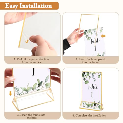 Floroom 6 Pack 5x7 Inch Clear Acrylic Sign Holders, Double-Sided Gold Display Stand Picture Frames for Table Numbers, Menus, Flyers, Weddings, and Offices