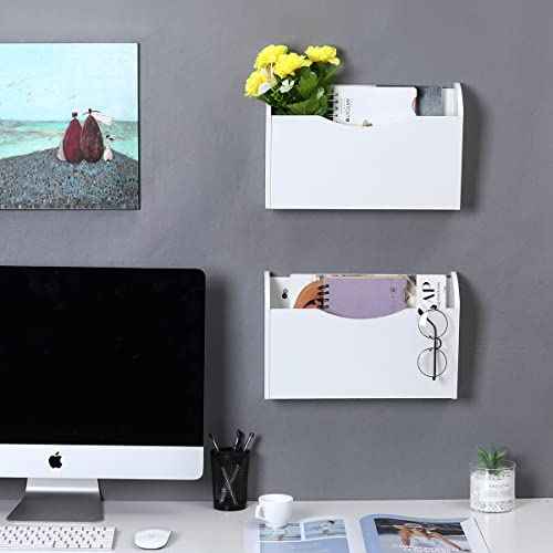 PAG Wall File Holder Wall Mounted Wood Hanging File Organizer for Office, 2 Pockets, White