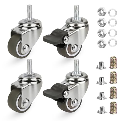 Luxinika 1 inch Caster Wheels with Threaded Stem M6x15mm, 4-Pack with Brakes, Non-Marking Rubber Furniture Casters
