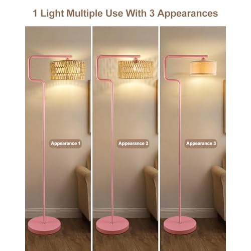 Lightdot 62IN Arc Rattan Floor Lamps for Living Room, Boho Standing Lamp with Rattan& Linen Double Lampshades, E26 3000K Soft Warm White Bohemian Caged Floor Lamp for Bedroom, Office-Pink
