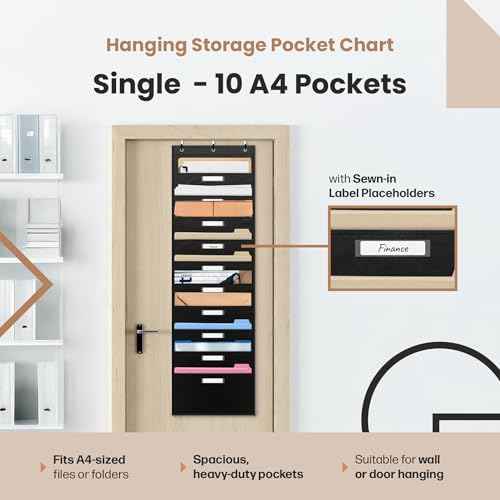 Black Pocket Chart for Classroom - 10 Pocket Storage Rainbow Pocket Charts , 3 Over Door Hangers Included, Hanging Wall File Organizer for File Folders, School Mailbox, Home/Office Papers