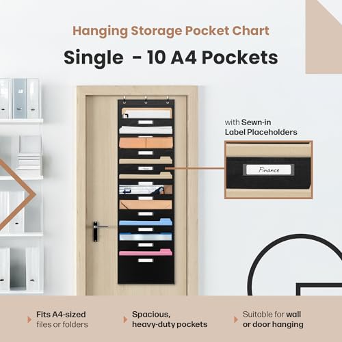 Black Pocket Chart for Classroom - 10 Pockets with 3 Over Door Hangers, Wall Organizer