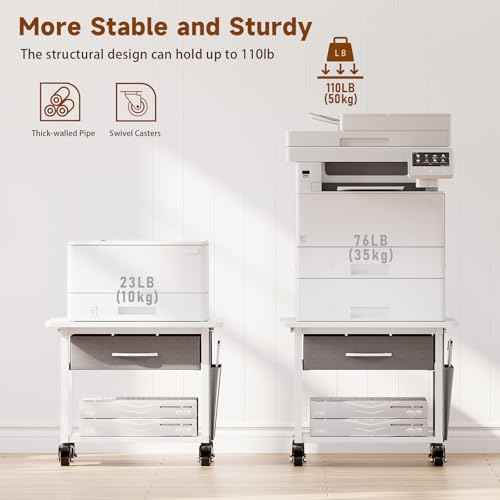 2 Tier Printer Stand with Storage Drawer - Under Desk Rolling Printer Cart for Home Office, Small Printer Table with Industrial Locking Wheels fit Fax Machine/Scanner (White)