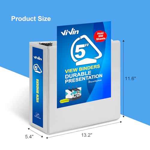 ViVin Durable 5 inch D Ring View Binder, Large 5" Slant-D Ring with 950-Sheet Capacity, Fit 8.5" x 11" Paper, 2 Pack(White)