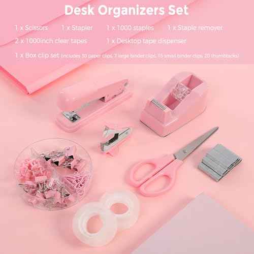 SKYDUE Pink Office Desk Accessories, Pink Office Supplies, Stapler, Tape Dispenser, Scissors, Clips and 1000pcs Staples,Office Supplies for Desk for Women
