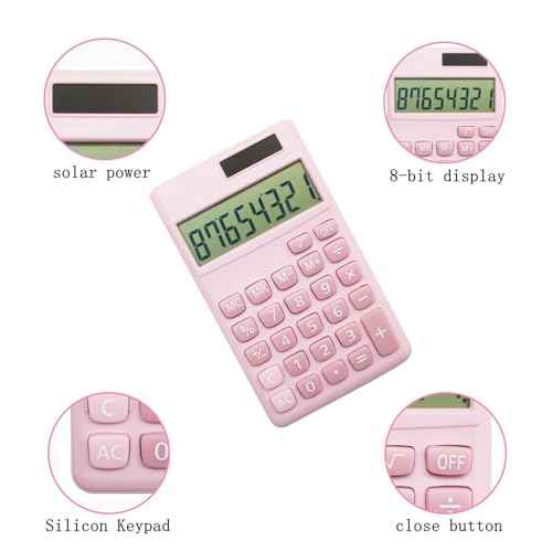 Basic Standard Calculators Small Digital Desktop Calculator with 8-Digit LCD Display, Battery Solar Power Smart Calculator Children's School Adult Office Family Standard Functions (8 Bit Pink)