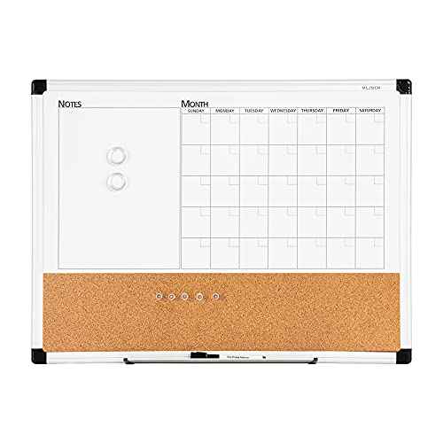 VUSIGN Monthly Calendar Whiteboard Dry Erase Cork Board Combo, 18" x 24" Planning Board, Silver Aluminium Frame