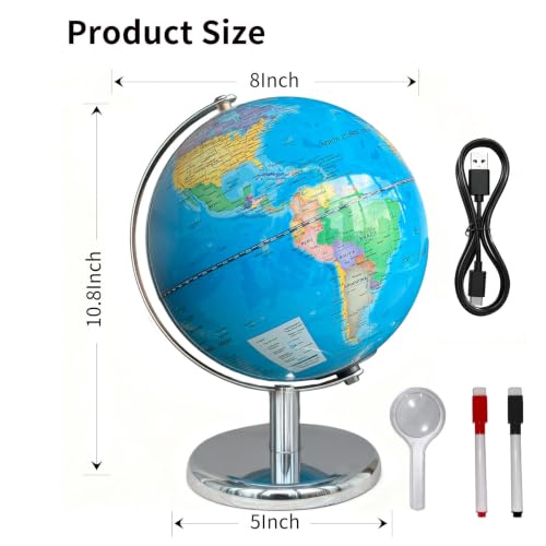 8-Inch Illuminated Globe for Kids with Metal Base | Educational & Night Light