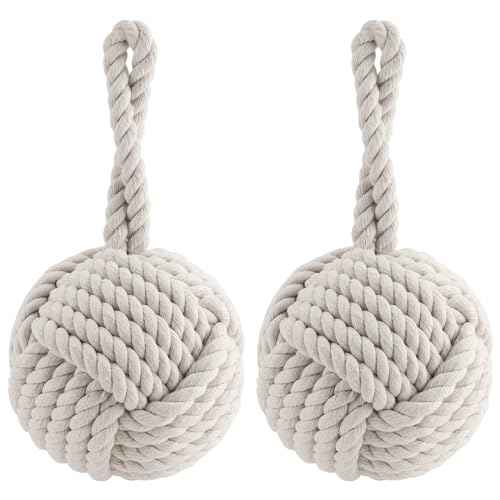 2 PCS Rope Knot Cotton Door Stop, Cream White Nautical Rope Ball Door Stopper, Heavy Knot Ball Door Stop for Bedroom Living Room Doors