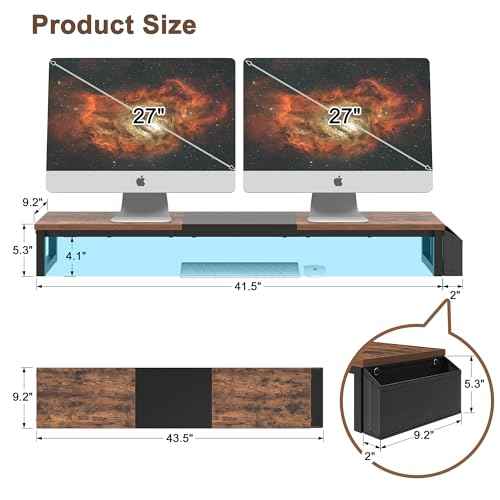 LAND¡¤VOI Dual Monitor Stand Riser,41.5'' Long Monitor Stand for 2 Monitors, Wood Computer Riser with Pocket, Desktop Oraganizer with Pen Holder, Monitor Riser for Desk Computer,Laptop,TV, Rustic Brown