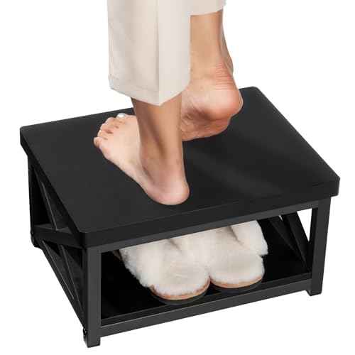 Wooden Step Stool for Adults & Kids with Patented Bottom Shelf ? Anti-Slip Rubber Feet, Heavy-Duty Steel Frame, 500 lbs Capacity ? Small Step Stool for Bed, Bathroom & Kitchen ? Black