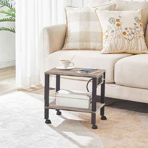 HOOBRO 2-Tier Printer Stand with Charging Station, Under Desk Printer Table, Printer Cart with Storage Shelves, Shelf for Small Spaces, for Home Office, Greige and Black BG38UPS01