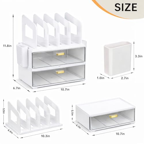 Desk Organizer with 4 File Slots, 2 Drawers, White | CiWiVOKi