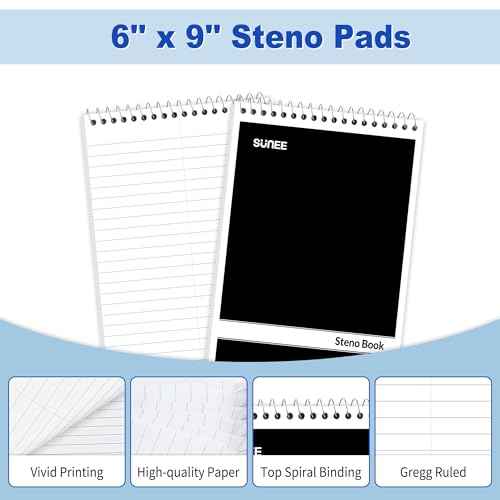 SUNEE 12 Pack Steno Pads 6x9, Gregg Rule, 60 Sheets, Spiral Notebook 6x9, White Paper, Take Notes with Top Spiral Notebook, for School, University, College, Work, Office, Black