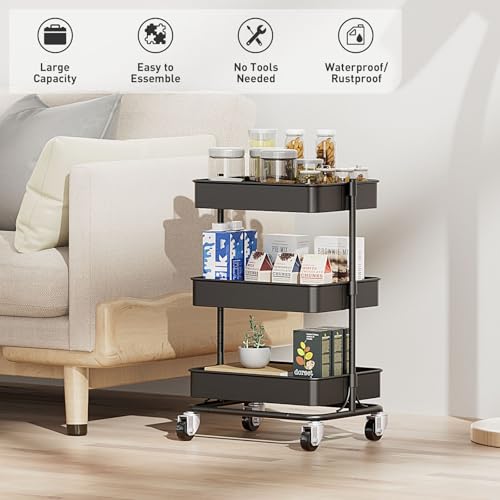 3 Tier Modern Metal Rolling Tool Cart with Silent Casters, 15.35x11.81x23.74 inch Heavy Duty Organization Truck Trolley Organizer for Office, Living Room, Kitchen, (Black)