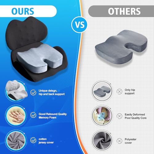 Lexeme Black Extra Large Memory Foam Seat Cushion & Lumbar Support Pillow for Sciatica & Tailbone Relief