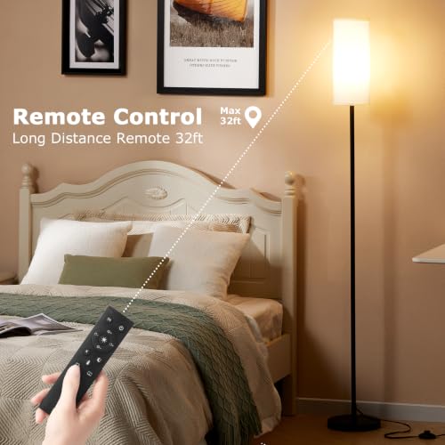 Ambimall 64-Inch White Modern Floor Lamp with Remote Control & Dimmable 9W Bulb