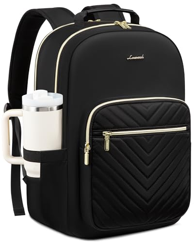 LOVEVOOK 15.6 Inch Quilted Laptop Backpack for Women with Tumbler Holder - Black