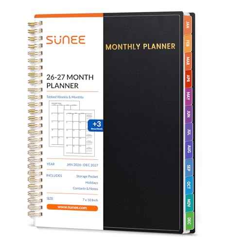 SUNEE 2026?2027 Monthly Planner ? Large 7" x 10" Organizer with Tabs, 100 GSM Paper, 24-Month Calendar, Spiral Bound, Flexible Cover for Office, School, Women, Men, Black