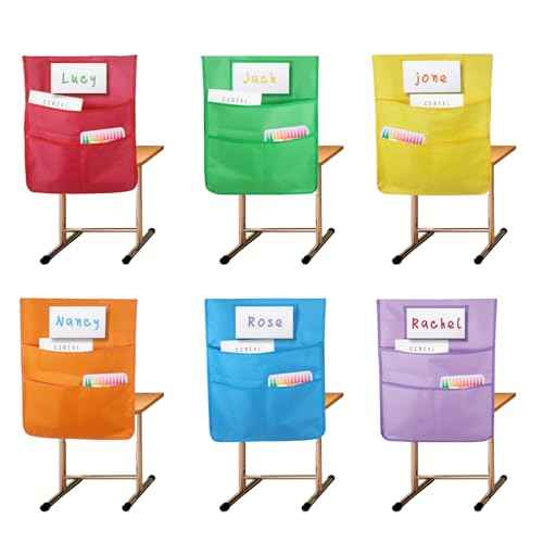 24 Pcs Seat Sacks for Classroom Chairs, 19"x16" Reinforced Chair Pockets for Classrooms in 6 Bright Colors, 3 Pockets Large Classroom Chair Pockets with Name Tag