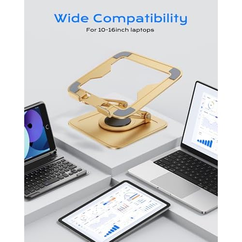 Adjustable Laptop Stand, Computer Stand with 360 Rotating Base, Ergonomic Laptop Riser Mount for Desk Foldable Protable Computer Desk Fits with MacBook Pro Air (10-16") - Gold