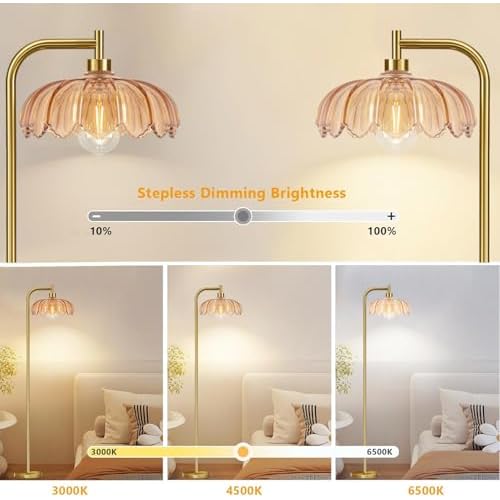 Brass Dimmable Floor Lamp Gold Glass,Tall Lamp Mid Century Modern Retro Standing Lamp with Remote Green Floor Light Lamp Boho Vintage Bohemian Bedroom