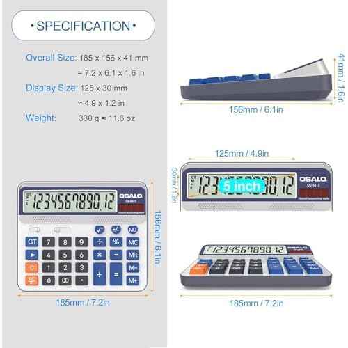 Desktop Calculator Extra Large 5in LCD Display 12-Digit Big Button Giant Accounting Calculator, Battery & Solar Powered, for Office Business & Home(OS-6815)