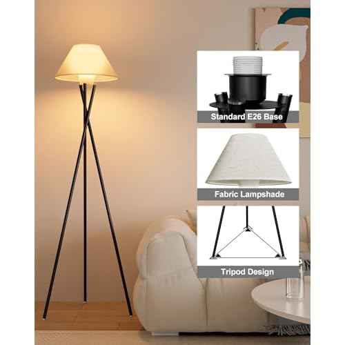FAITHSAIL Black Tripod Floor Lamp, Dimmable Mid Century Standing Lamp with Fabric Shade, Modern Design Studying Light for Living Room, Bedroom, Study Room and Office(Bulb Included)