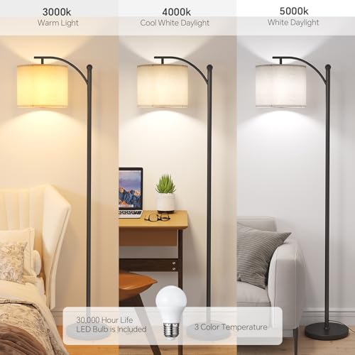 SUNMORY Black Arc Floor Lamp with 3 Color Temperature Bulbs - Modern Reading & Living Room Light