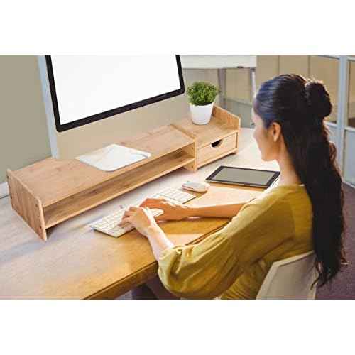 Monitor Stand Riser Desk Organizer-Bamboo 2 Tier Laptop Stand With Drawers, Adjustable Desktop Storage Organizer For Computer, Printer, Cellphone-Use In Office,Home /Reduce Neck &Eye Strain(Basic)