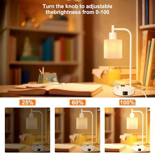 GLITI Industrial Table Lamp Desk Lamp, Stepless Dimmable Desk Lamp with 2 USB Ports and AC Power Outlet, Frosted GlassShade, Eye-Caring Bedside Nightstand Lamps for Bedroom Living Room (Apricot)