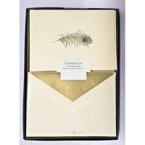 CRANE & CO. 10 Peacock Feather Hand Engraved Notes on Ecruwhite Kid Finish Paper, 10 Lined Envelopes 3 13/16" x 5 5/16"