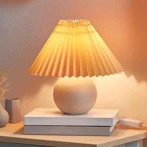 Brightech Serena LED Table Lamp - Modern Ceramic Lamp with Pleated Shade for Bedside, Nightstand, Desk - Cozy Night Light with Soft White Light for Living Room, Bedroom - Peach