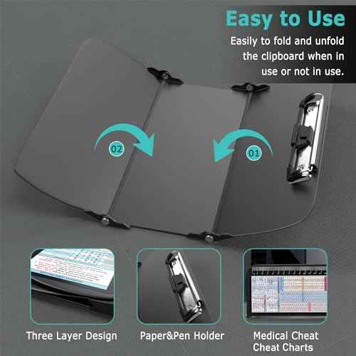 Nursing Clipboard Foldable, Foldable Clip Board w/Nursing Edition Cheat Charts, 3 Layers Aluminum, Nurse Clipboards w/Low Profile Clip & Pen Clip Pocket for Students, Nurses and Doctors, Black