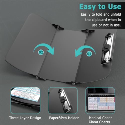 HOZOL Black Foldable Nursing Clipboard with Cheat Charts & Pen Pocket